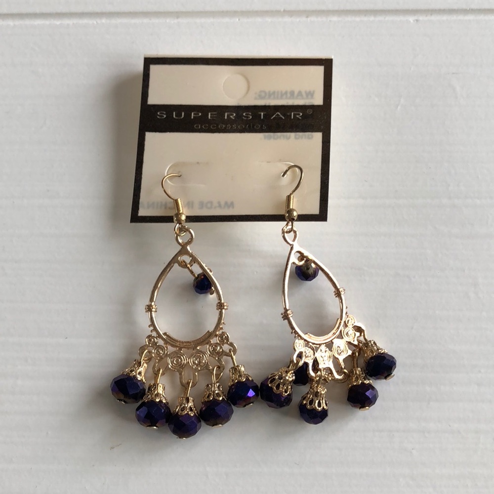 Gold and iridescent navy earrings